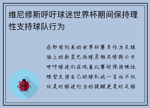 维尼修斯呼吁球迷世界杯期间保持理性支持球队行为